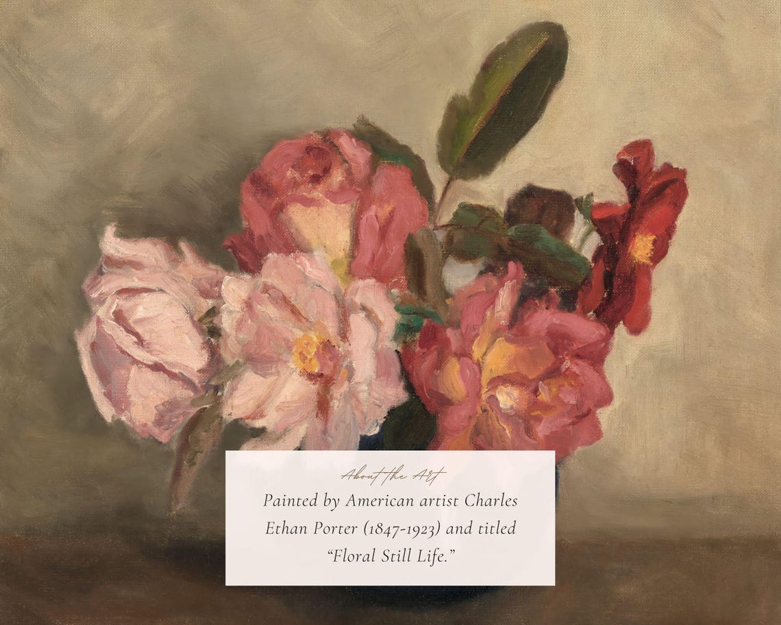Pink And Red Roses In A Dark Vase Still Life Vintage Floral Print - Image 2