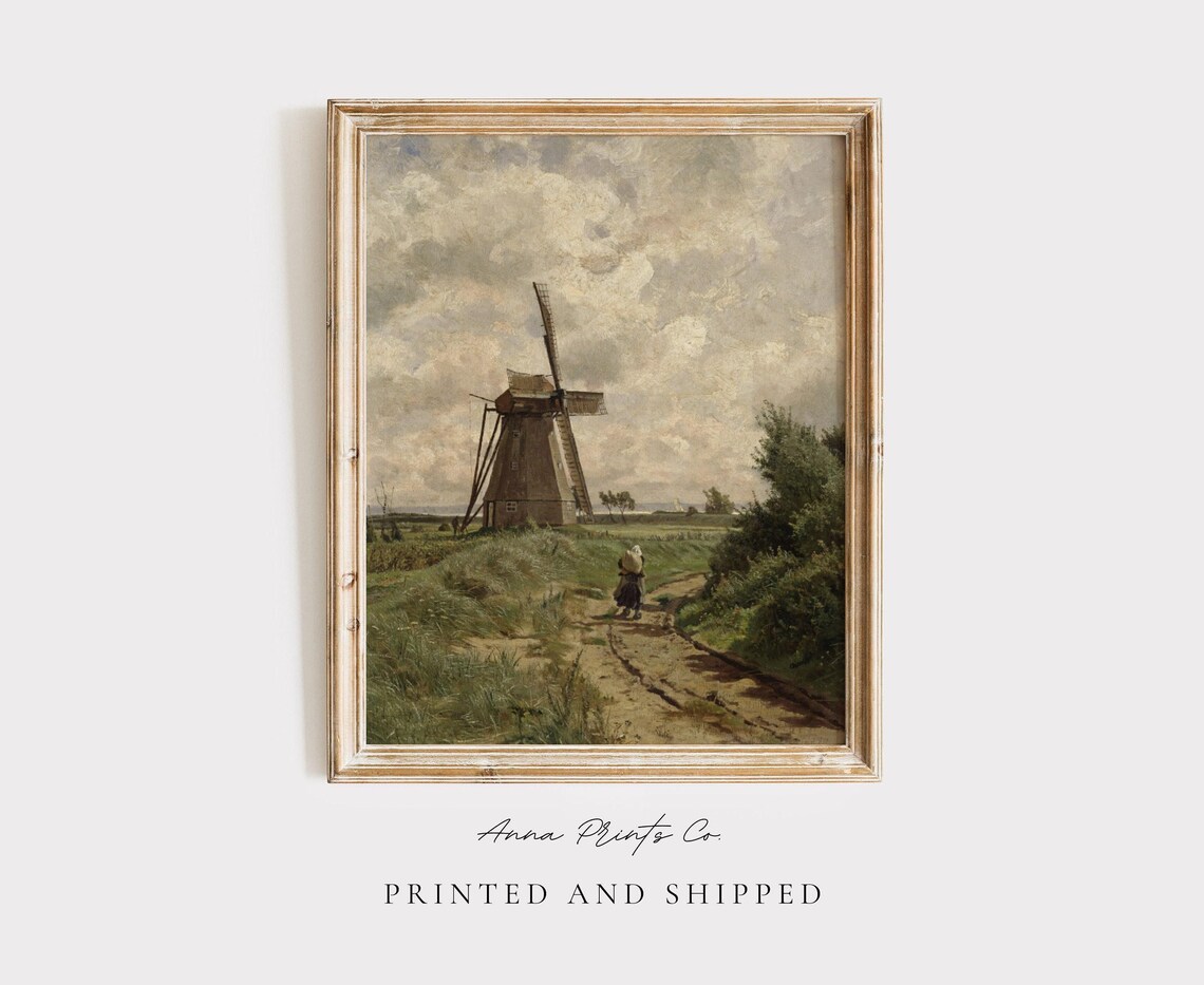 Antique Dutch Windmill Vintage Landscape Art Print