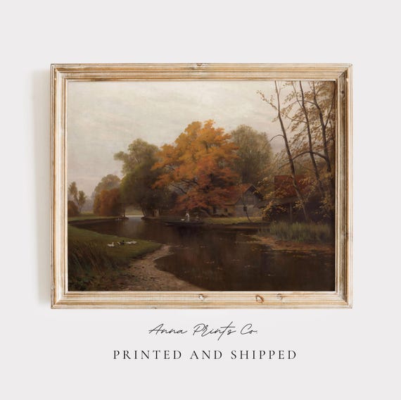 Mailed Gicle Print Vintage Autumn Lake Landscape Painting Antique Fall Wall Decor Moody Victorian Wall Art Cottage Farmhouse