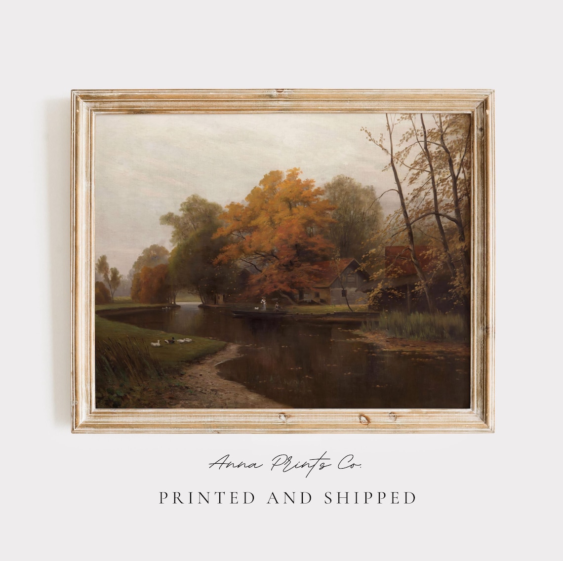 Autumn Lake With Cottage Geese And Boat Moody Fall Landscape Print