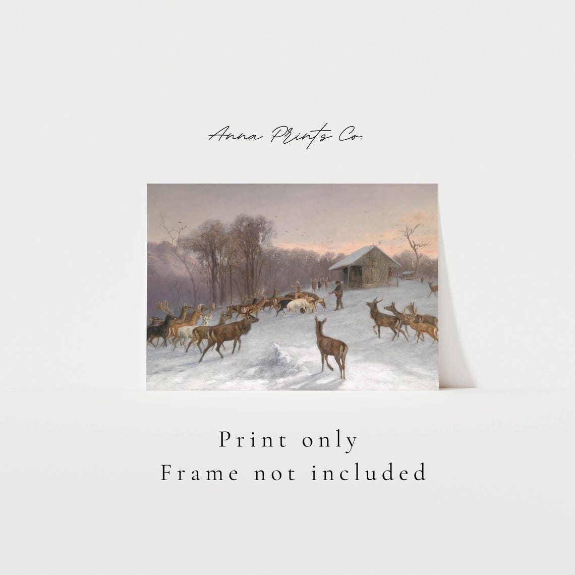 Feeding Deer In The Snow Winter Herd Antique Wildlife Painting Print - Image 3