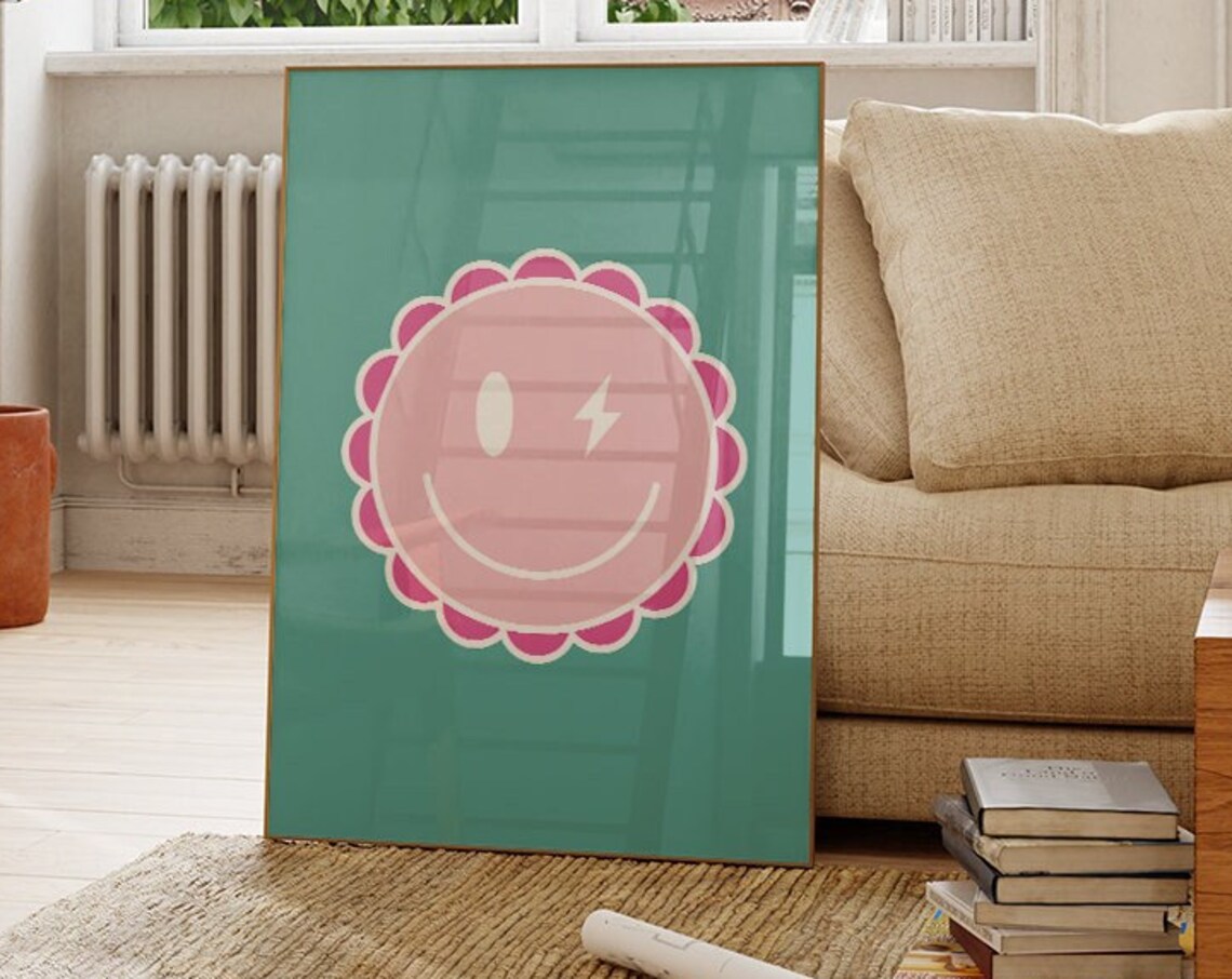 Pink Smiley Face On Teal Background Groovy Preppy Trendy Wall Art
