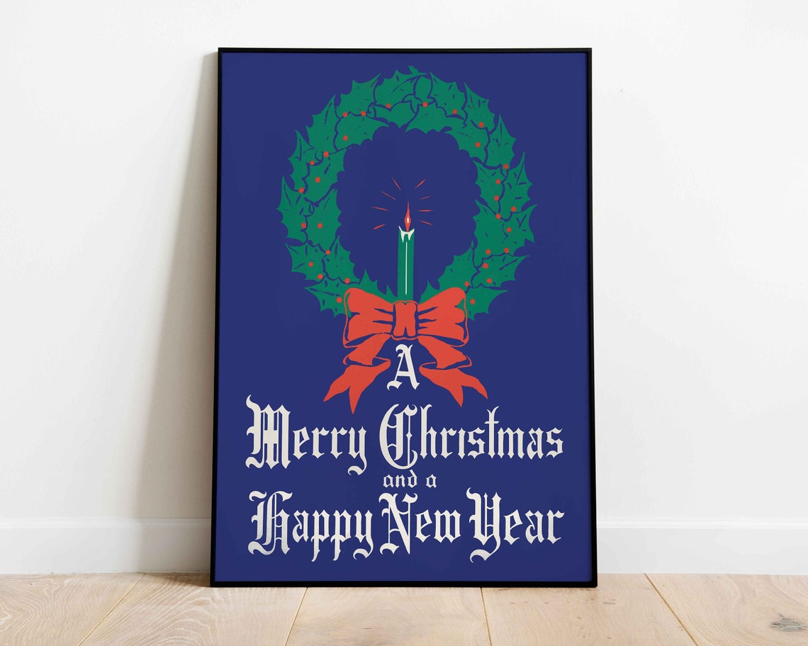 A Merry Christmas and Happy New Year Navy Holiday Wreath Poster