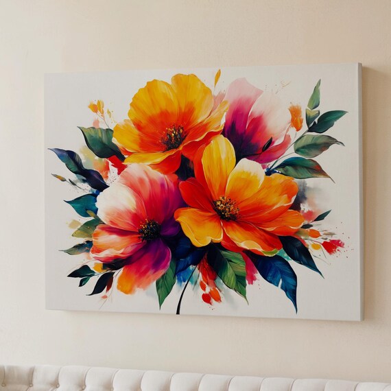 Vibrant Orange Floral Bouquet Watercolor Painting Modern Flower Print