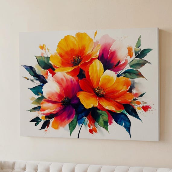 Vibrant Orange Floral Painting Colorful Acrylic Flower Art Print With Delicate Petals Modern Botanical Wall Decor For Bathroom Or Bedroom