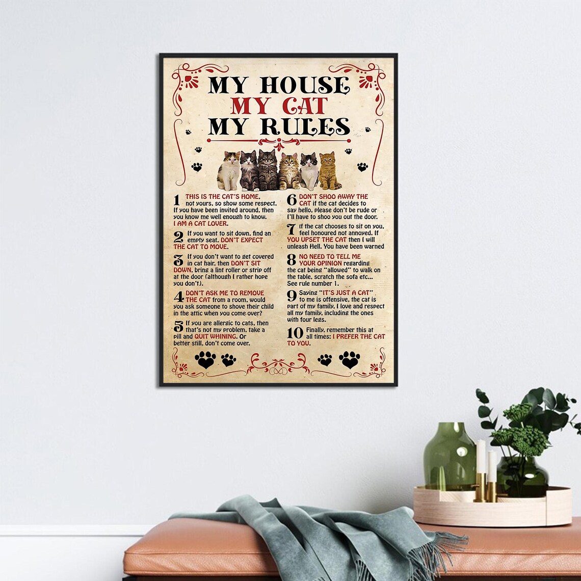 Funny Cat House Rules My House My Cat My Rules Vintage Kitten Poster - Image 2