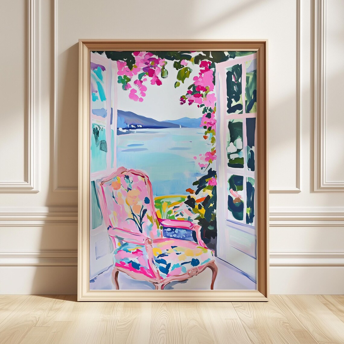 Coastal Window View Art Poster Floral Chair Bougainvillea Sea Painting
