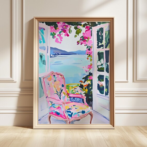 Coastal Window View Art Poster Floral Chair Bougainvillea Sea Painting