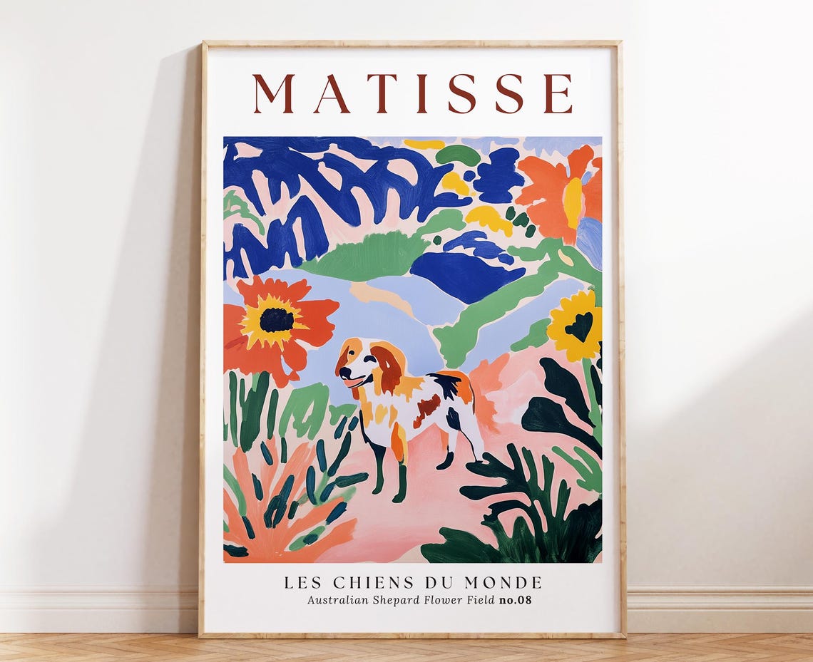 Matisse Inspired Australian Shepherd Flower Field Dogs Poster