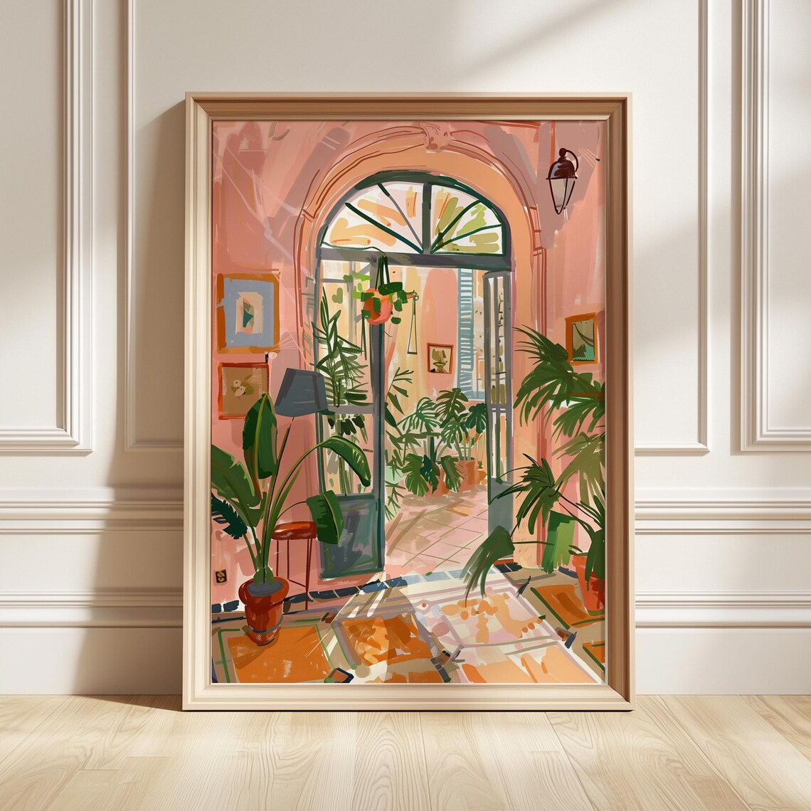 Greenhouse Interior Art Poster Lush Plants Arched Doorway Warm Painting