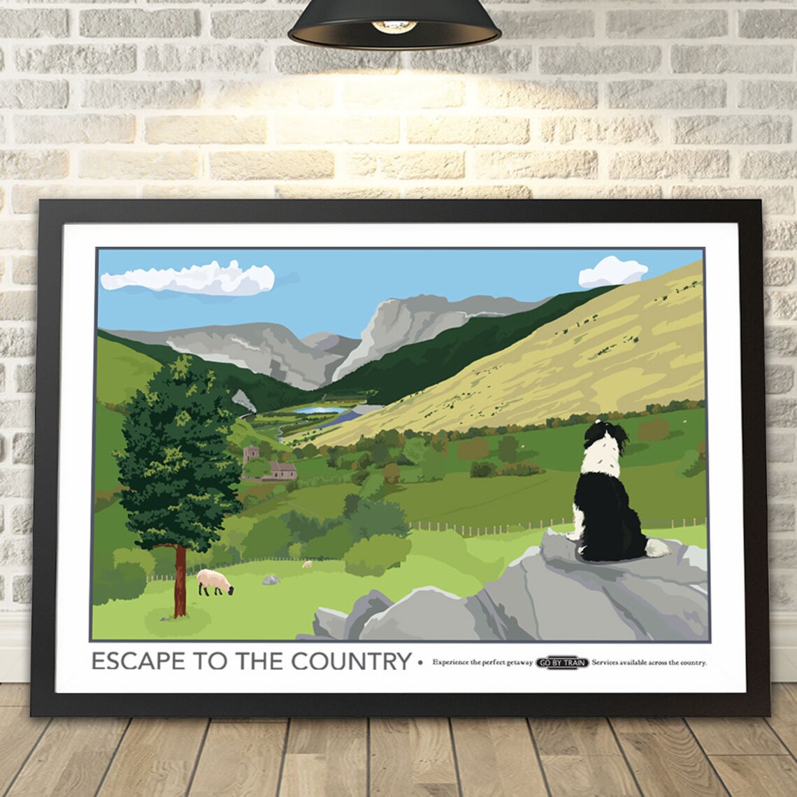Escape to the Country Border Collie Mountain Valley Vintage Style Poster