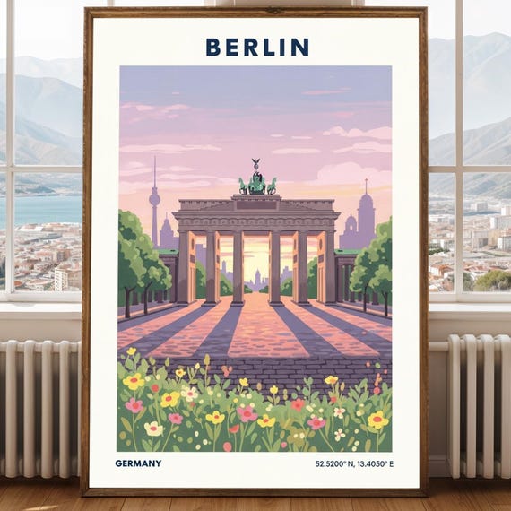 Brandenburg Gate Berlin Poster Pink And Purple Cityscape Contemporary Travel Art Illustration For Enthusiasts