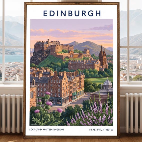 Edinburgh Castle Skyline Poster Green And Purple Cityscape Scottish Landscape Art Print Contemporary Travel Decor