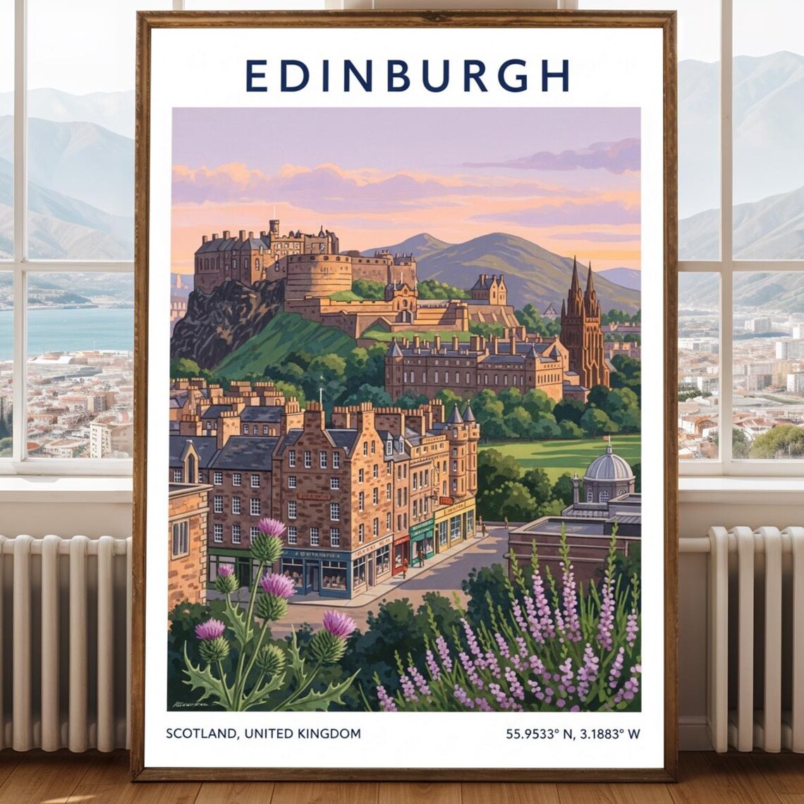 Edinburgh Scotland Castle City View Golden Sunset Travel Poster