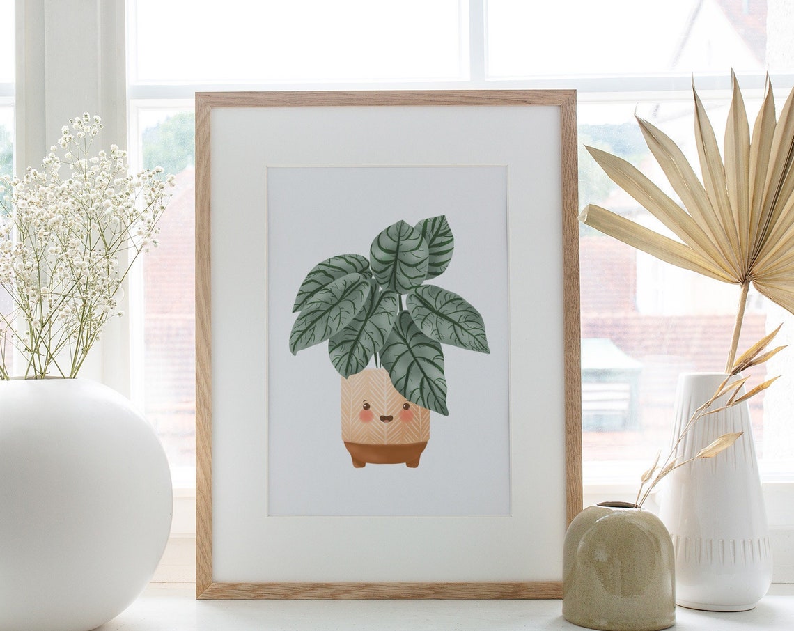 Alocasia Silver Dragon Smiling Cute Kawaii Houseplant Art Print - Image 3