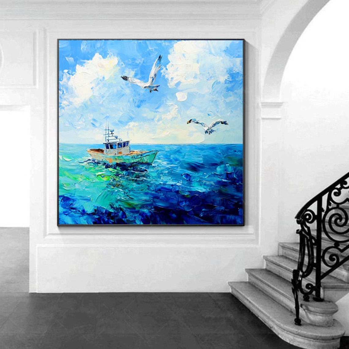 Fishing Boat and Seagulls on a Bright Blue Ocean Coastal Poster - Image 4