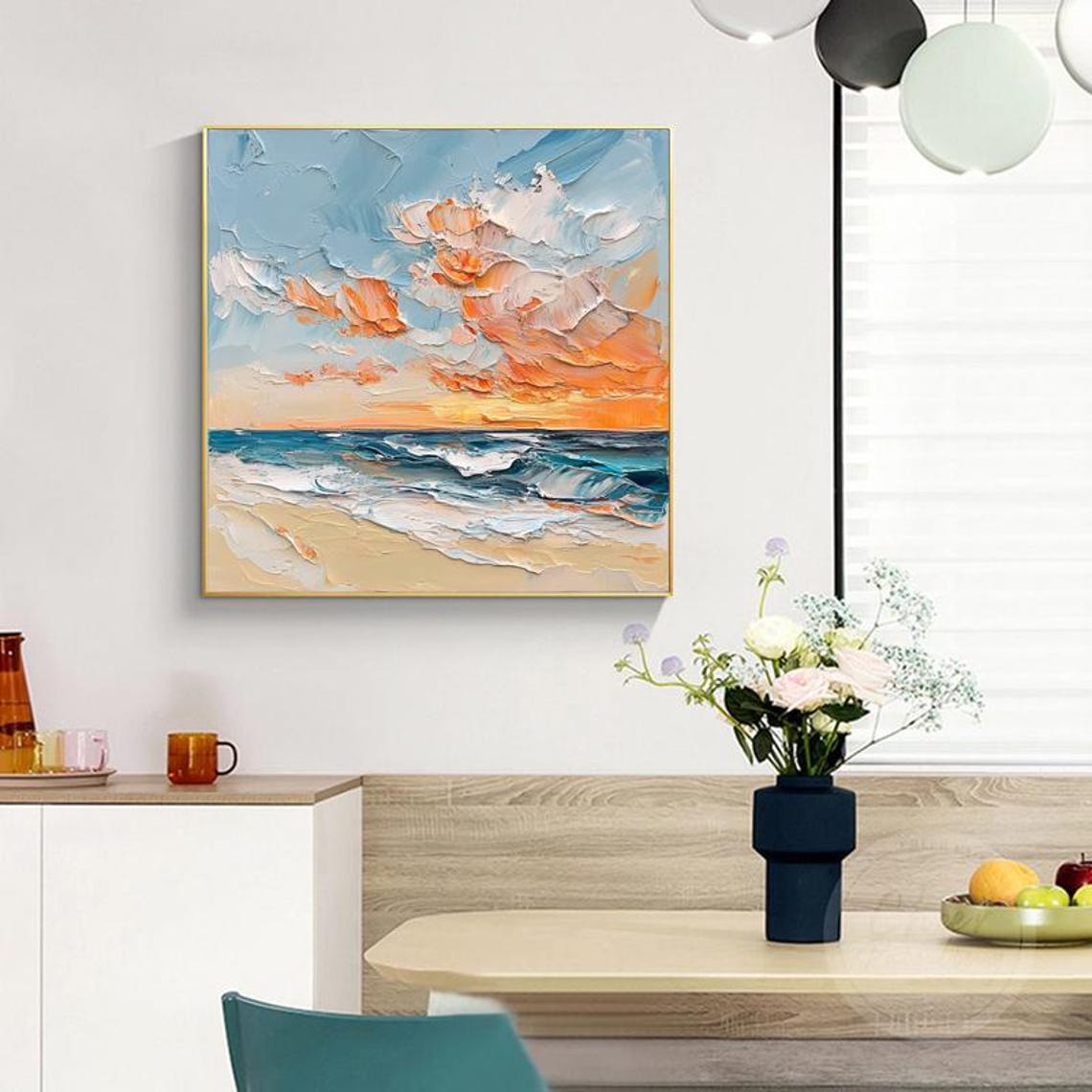 Orange Sunset Clouds Drifting Over a Turquoise Ocean Shore Poster - Image 2