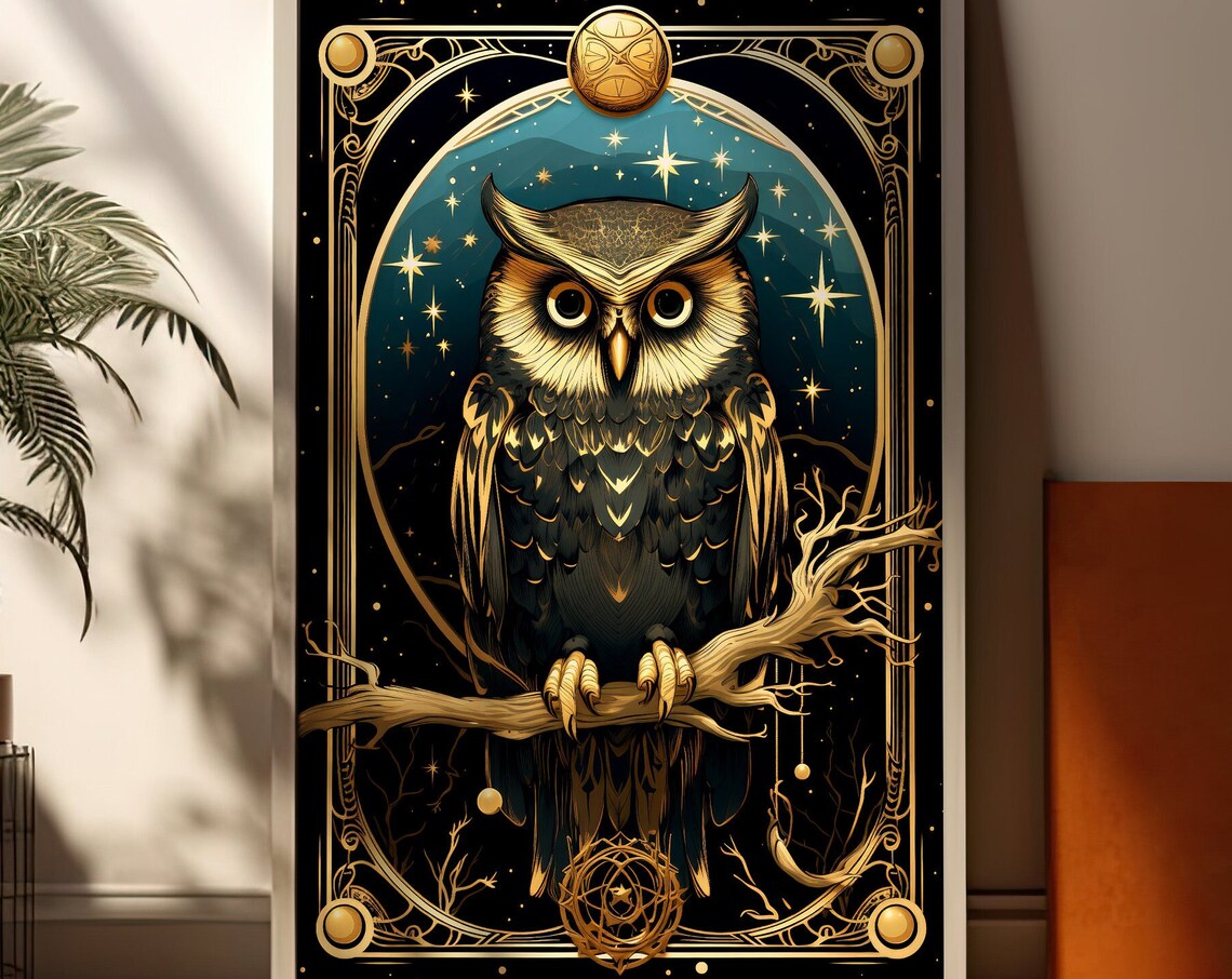 Golden Owl Tarot Card Style Celestial Starry Night Art Poster