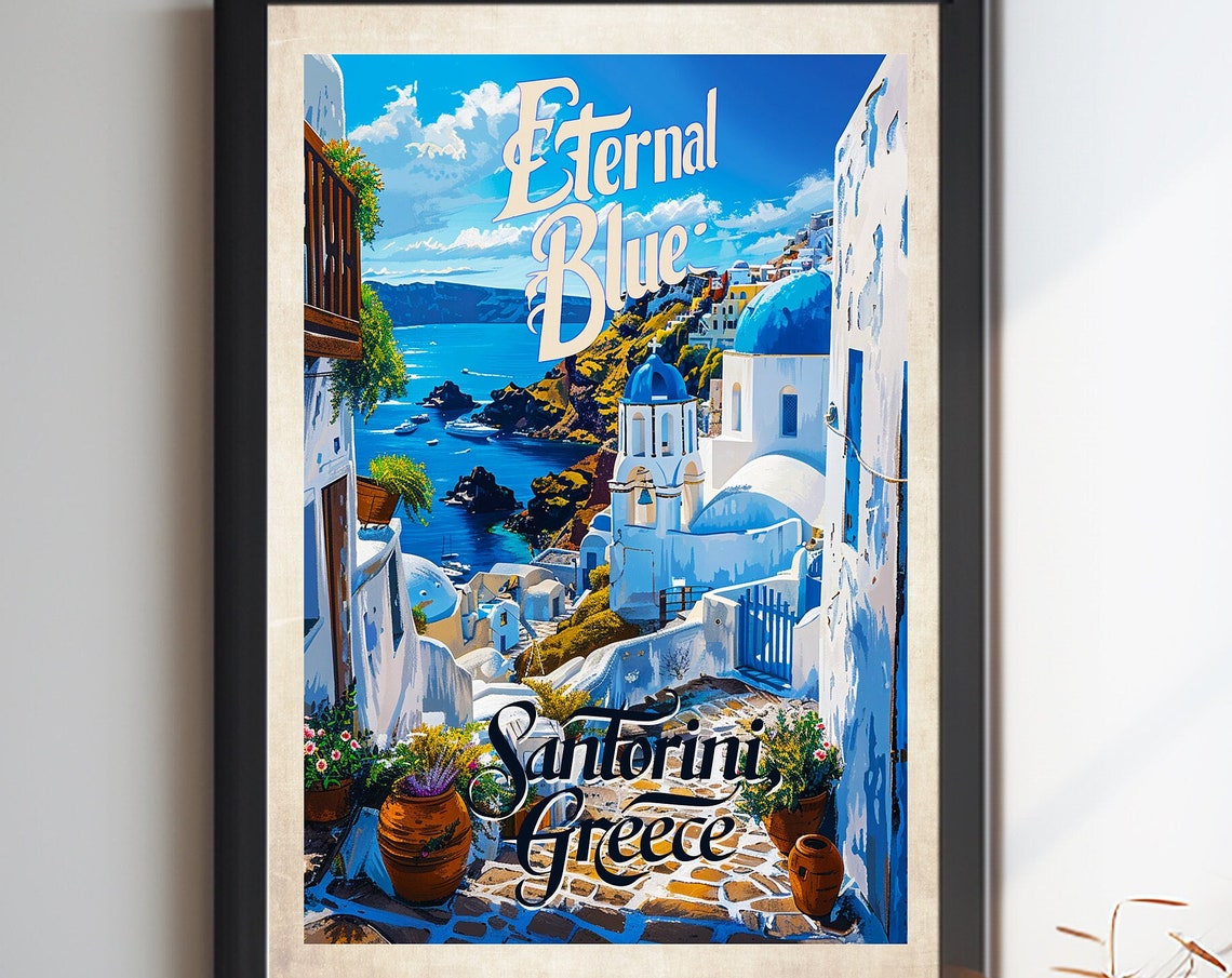 Santorini Greece Eternal Blue White Village Vintage Travel Poster