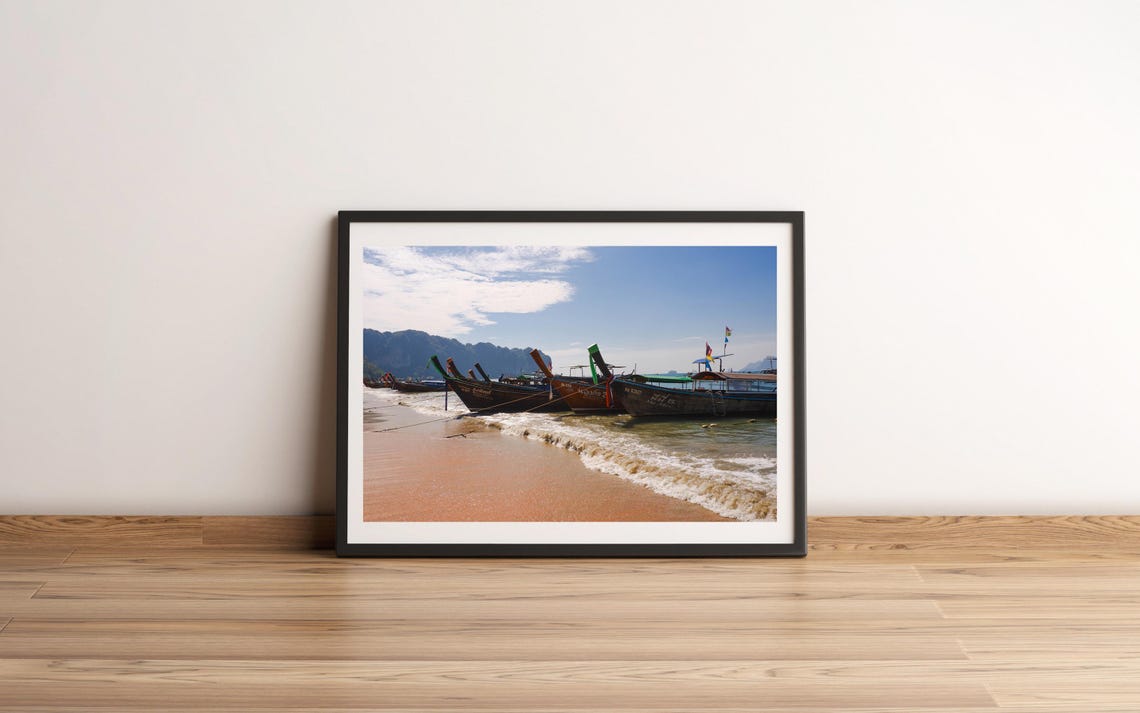 Longtail Boats on Tropical Beach with Limestone Cliffs Photo Poster