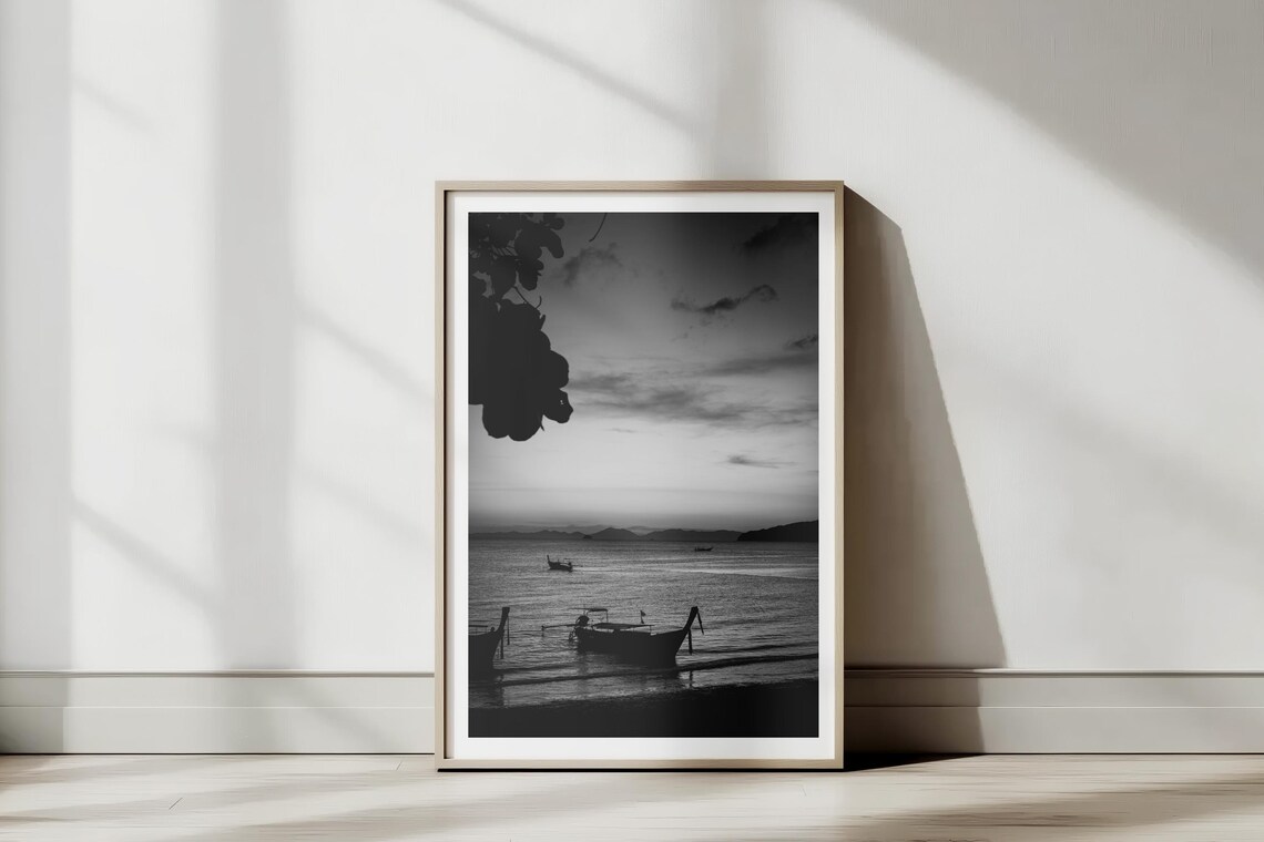 Black and White Longtail Boats Sea Dusk Silhouette Photo Art Poster