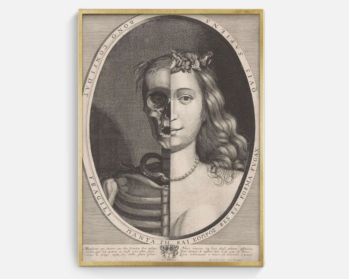 Half Skeleton Woman Gothic Sketch Portrait Art Print