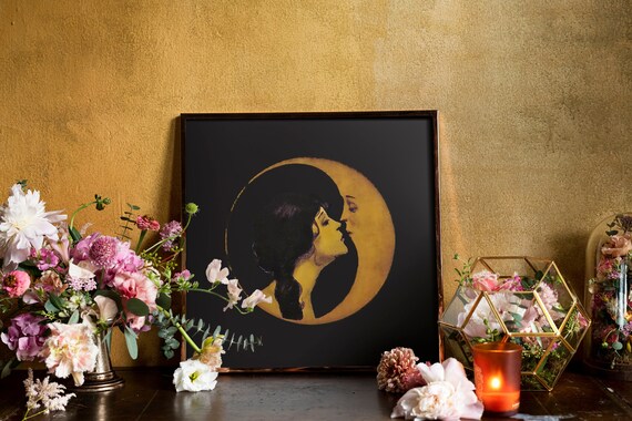 Woman Kissing Moon - Art Nouveau