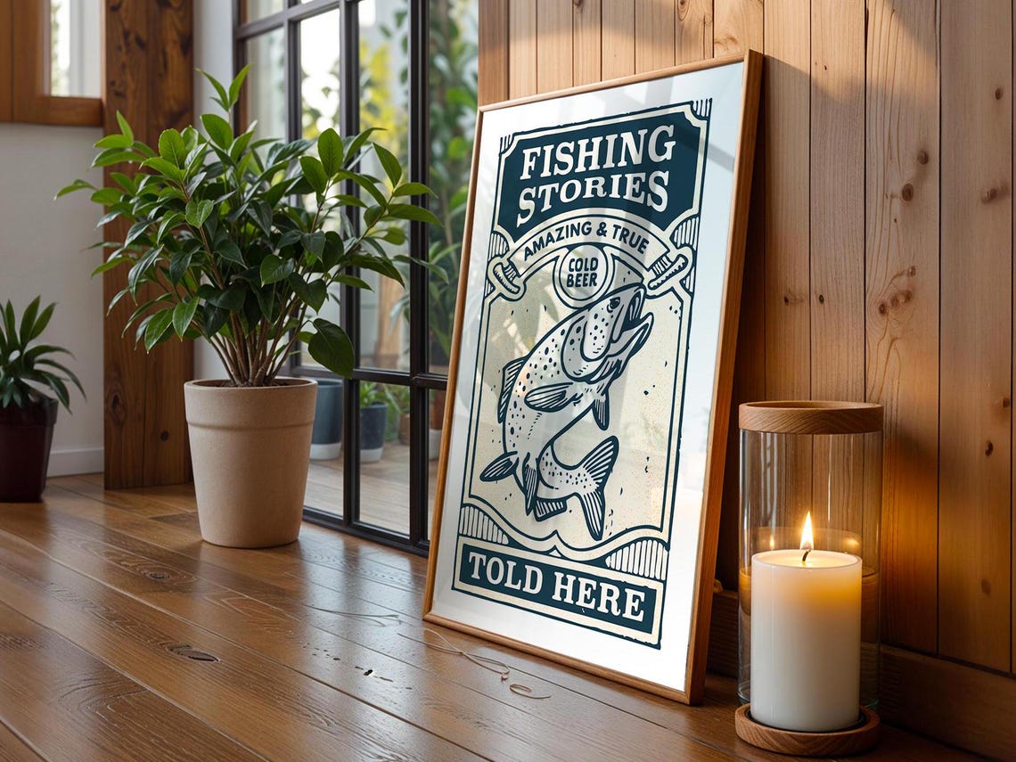 Fishing Stories Told Here Cold Beer Vintage Trout Cabin Poster - Image 3