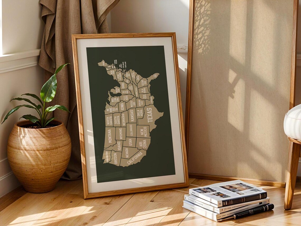 United States Map Vintage Dark Green Tan Travel Office Wall Poster - Image 4