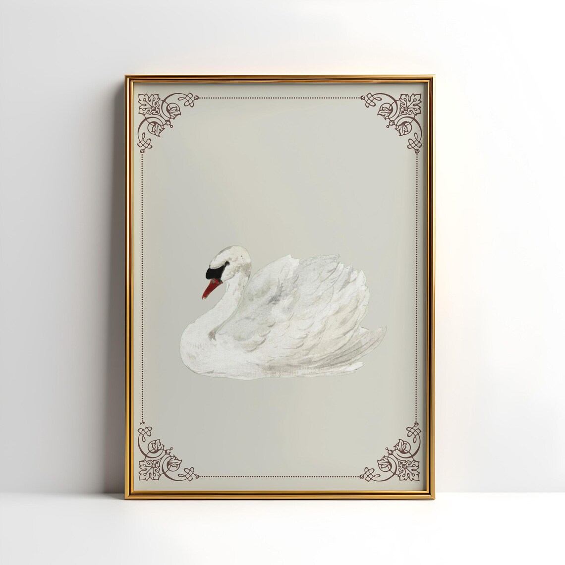 White Swan On Soft Light Grey Vintage Ornate Animal Art Poster