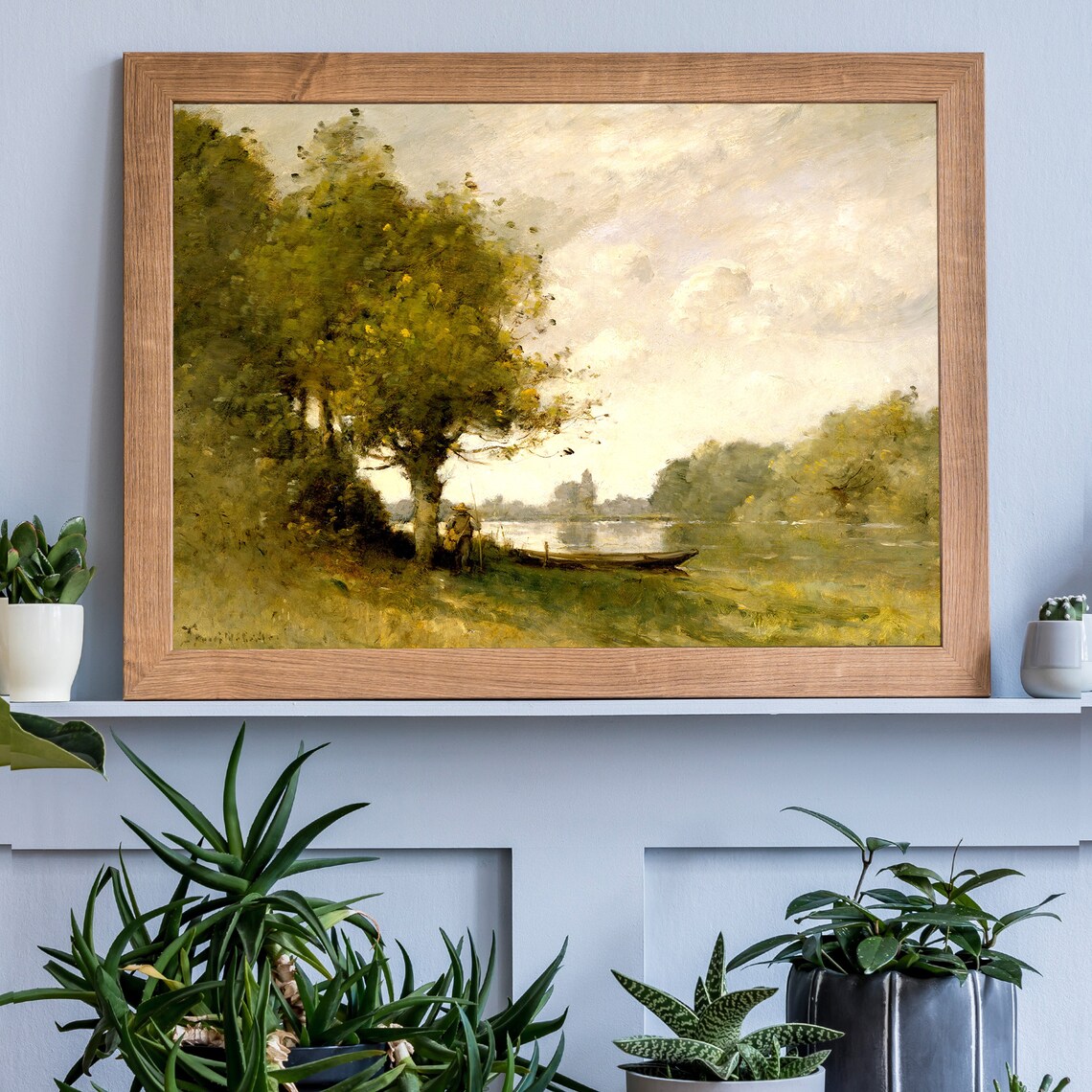 Vintage Oil Painting Lakeside Fisherman Big Tree Rowboat Art Poster - Image 2