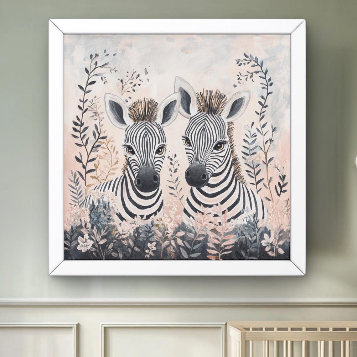 Baby Zebra Pair Nursery Floral Safari Print Kids Room Decor Art