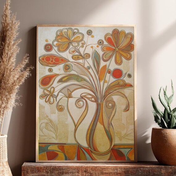Art Nouveau Orange Flowers Elegant Vase Stained Glass Style Floral Poster