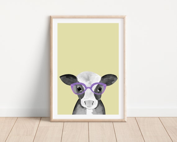 Cow With Glasses Funny Farm Animal Art Print, Nursery