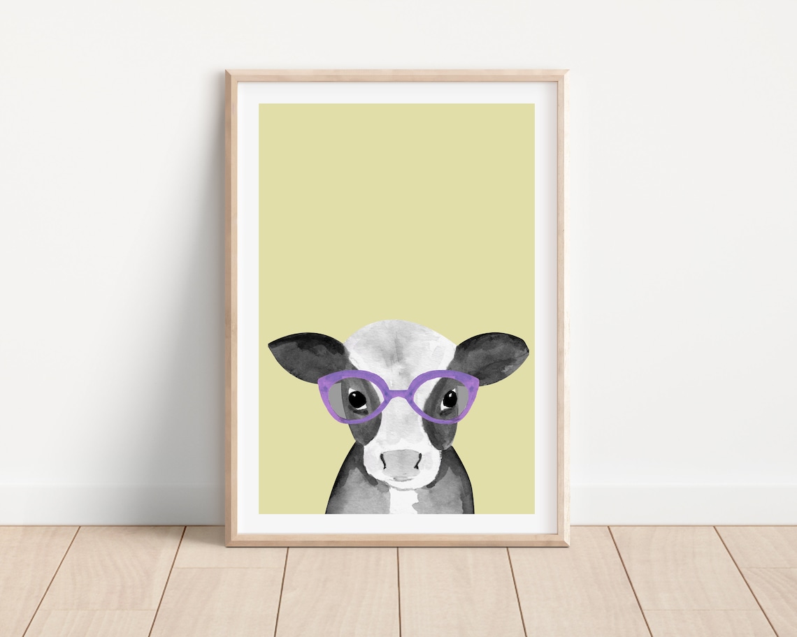 Cow With Glasses Funny Farm Animal Art Print, Nursery