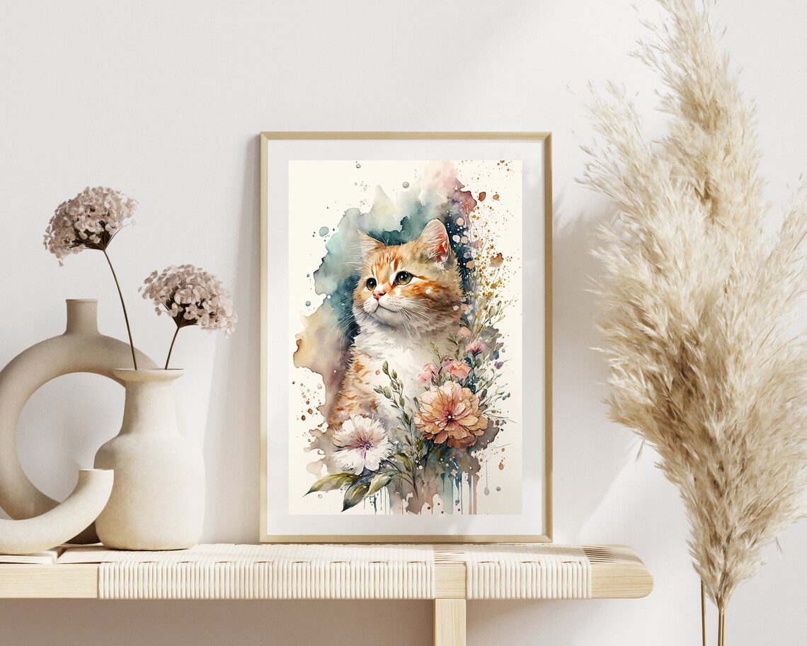 Watercolor Orange Tabby Cat With Floral Botanical Nursery Wall Art - Image 2