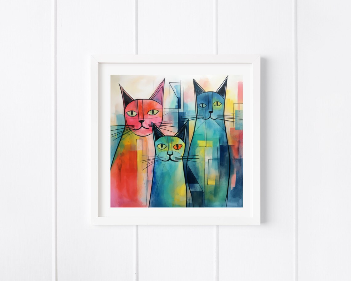 Three Abstract Colorful Cats Watercolor Painting Modern Pet Decor Print - Image 3
