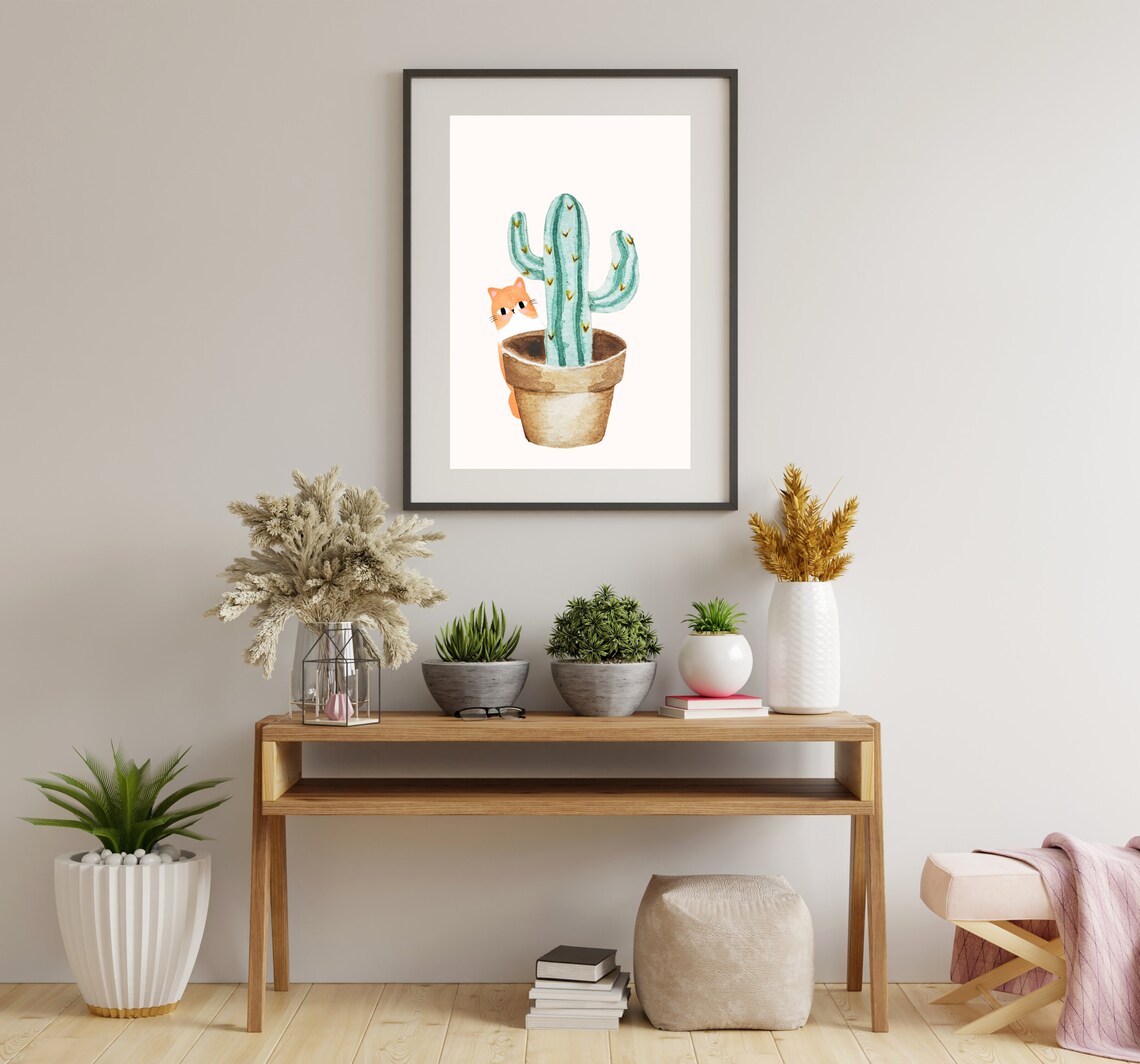 Boho Cat And House Plant, Watercolor Botanical Art Print - Image 2