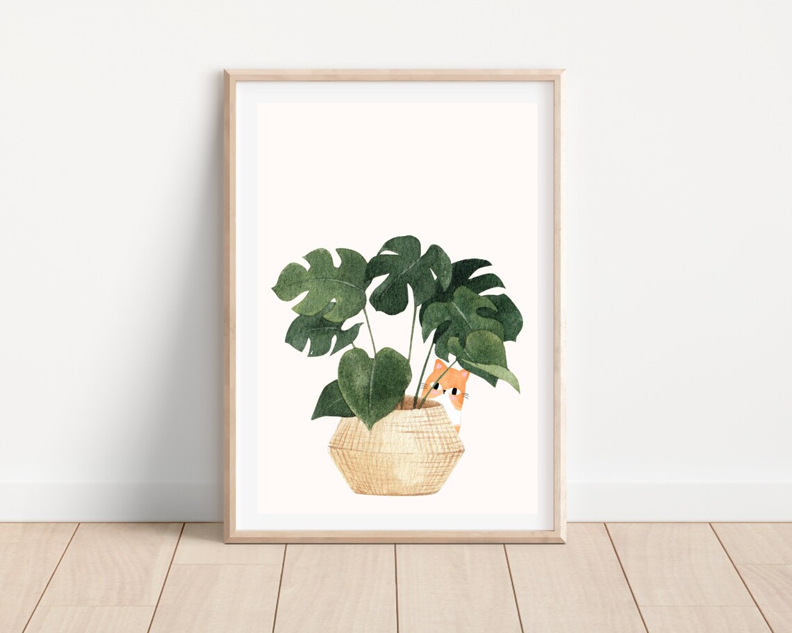 Cat And Plant - Boho Botanical Art