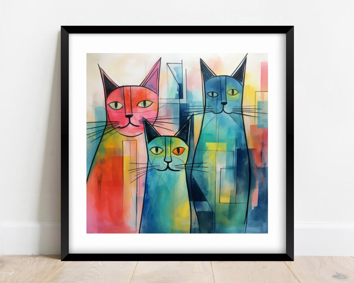 Three Abstract Colorful Cats Watercolor Painting Modern Pet Decor Print - Image 4