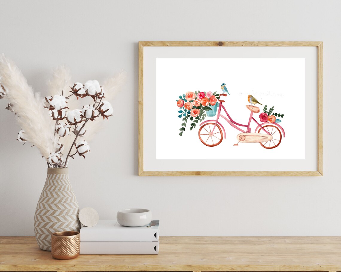 Watercolor Bike With Flowers and Bird Art Print - Image 4