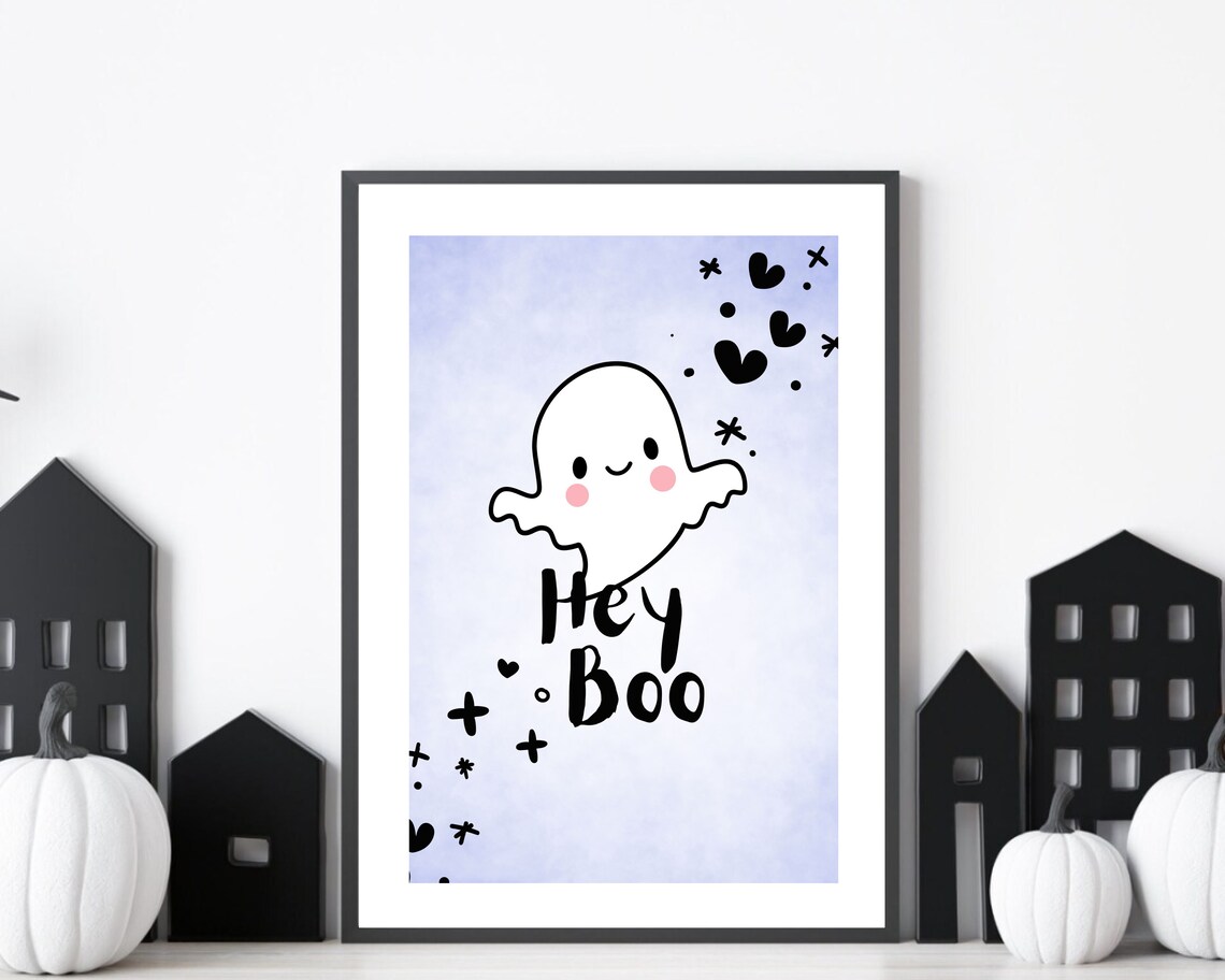 Hey Boo Cute Smiling Ghost Halloween Nursery Kids Bedroom Print - Image 3