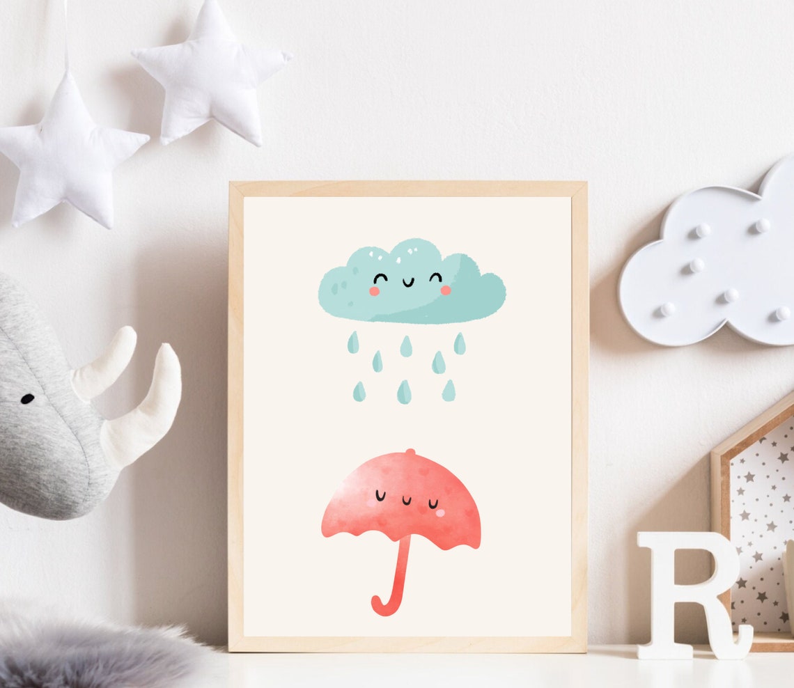 Cute Rainy Cloud And Umbrella Nursery Decor, Art Print - Image 3