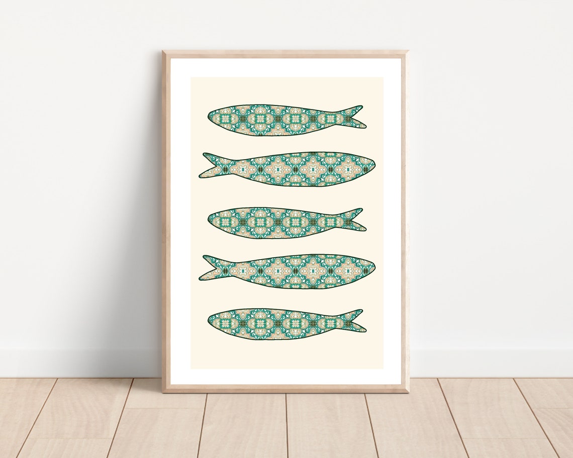 Portuguese Sardine Green Tile Art Print, Portugal