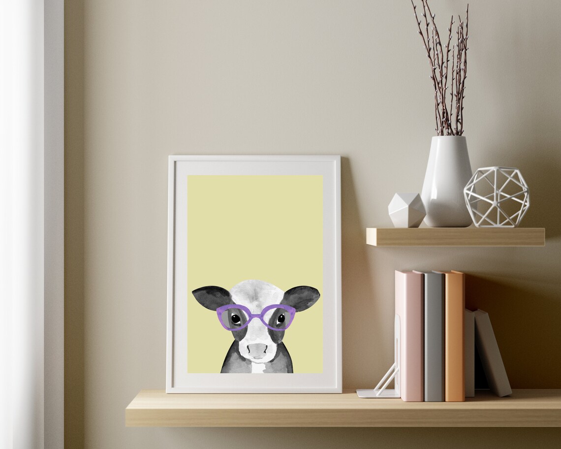 Cow With Glasses Funny Farm Animal Art Print, Nursery - Image 3