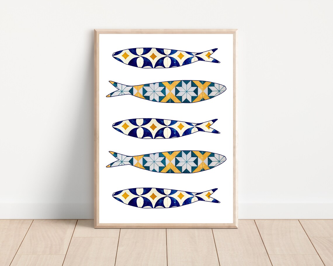 Portuguese Sardine Tile, Boho Kitchen Wall Art Print