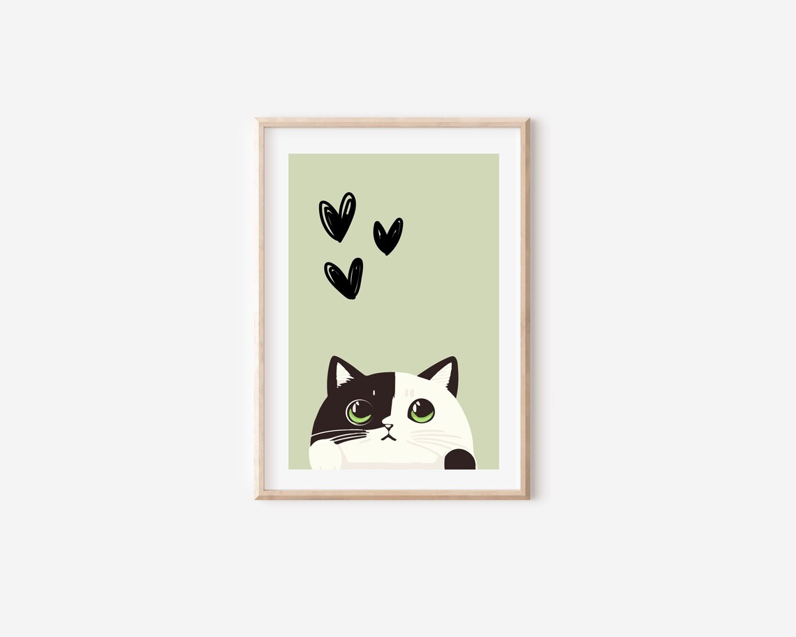 Peekaboo Cat Green Eyes Hearts Cute Cartoon Kitten Nursery Wall Poster - Image 4