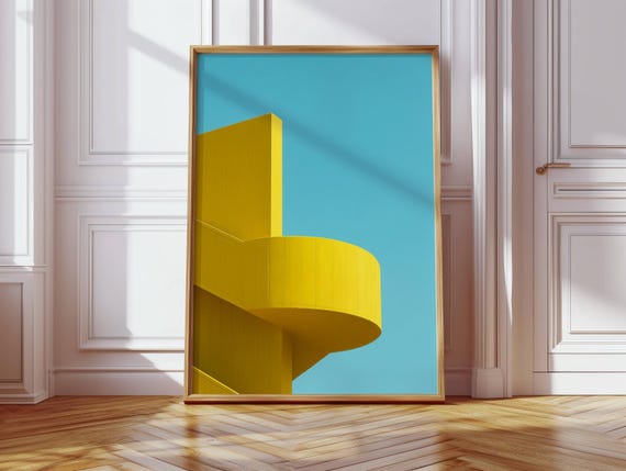 Minimalist Yellow Staircase Art Print Modern Architectural Abstract Blue Sky Wall Decor