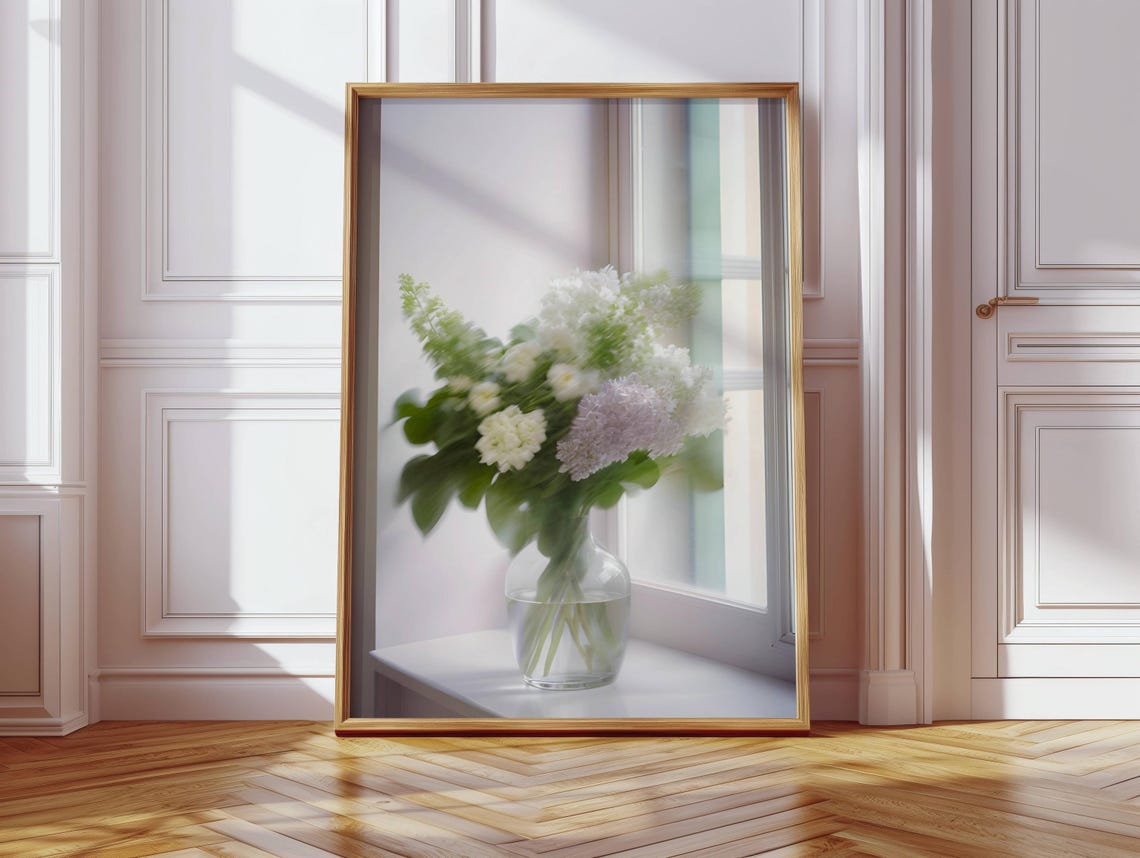 White Lilac Bouquet Glass Vase Window Light Soft Floral Photo Poster