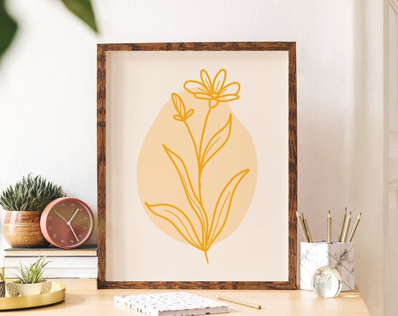 Orange Minimal Line Botanical Print Art Colorful Floral Art Cute Trendy Wall Art